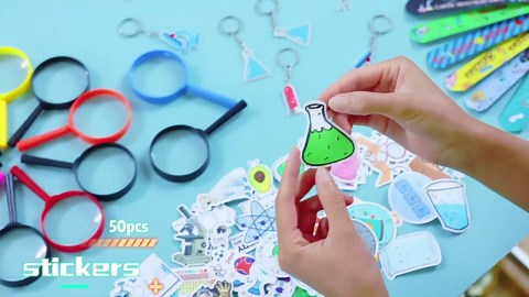 111PCS Science Party Favors Set, Lab Birthday Decorations Including Slap Bracelets, Keychains, Gift Bags, DIY Stickers, Drinking Straws, Science Birthday Supplies