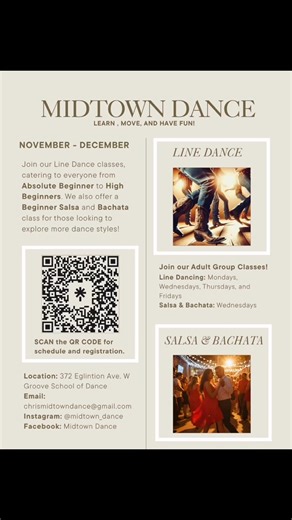 Ready to put on your dancing shoes and have some fun? 💃🕺 Come join us for classes that get you moving and smiling all at once! At Midtown Dance, we offer: • Line Dance Classes — perfect for beginners and high beginners • Salsa & Bachata Group Classes — learn the rhythms, spins, and partner work Whether you’re stepping onto the dance floor for the first time or looking to brush up your skills, our classes are welcoming, energetic, and full of fun! 📅 Check our schedule and find the class that’s