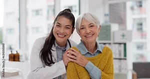 Happy, hug and face of a doctor with a woman for medical trust, healthcare and help. Laughing, care and portrait of a young nurse with a senior patient and love during a consultation at a clinic