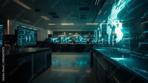 Cyber Command Center: An immersive, high-tech command center pulses with the hum of data and the glow of interactive displays, visualizing a complex network of information.