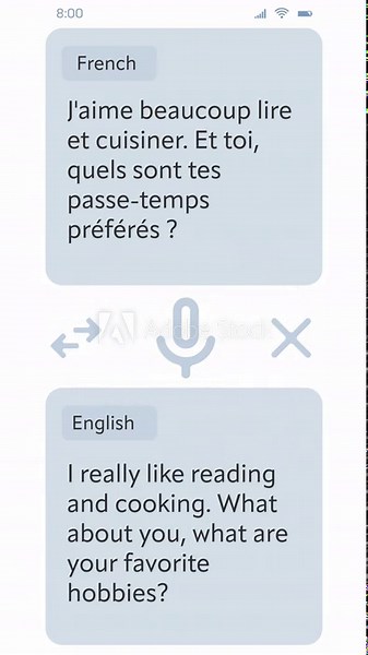 Mockup Concept: Mobile App Interface for Real-time Translation, example French and English. Practical Bilingual Communication About Weather, Showcasing the App's Intuitive Design and Efficiency.