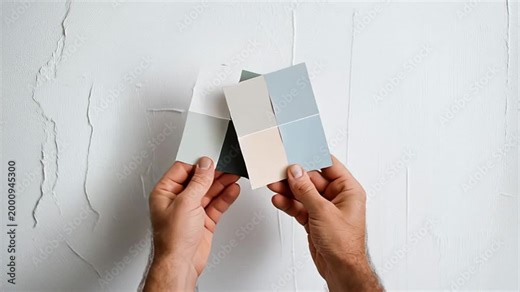 Hands holding paint color swatches against a white textured wall while choosing colors for a home renovation
