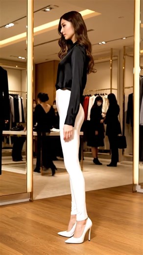 White latex style seamless leggings with black silk blouse and white patent 10cm heels #2