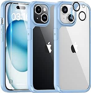 TAURI 3 in 1 Designed for iPhone 15 Case, [Not-Yellowing] with 2X Screen Protector, [Military Grade Drop Protection] Shockproof Slim Case for iPhone 15, Light Blue