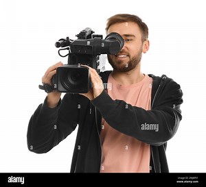 Operator with professional video camera on white background Stock Photo - Alamy