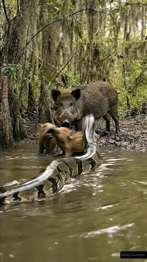 A giant anaconda snake preys on a piglet on the riverbank 😱 #anaconda #amazon #sucuri #nature #pig #gigante | Rudy Guntara