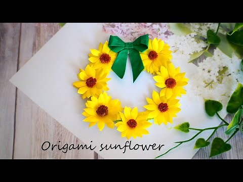 折り紙ひまわりの折り方、立体、ひまわりリース、壁掛け飾り/How to fold origami sunflowers/종이 접기 해바라기 접는 방법