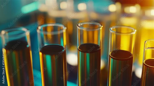 Test tubes with bright yellow and blue liquids in a lab rack, representing scientific research, chemical analysis and innovation in healthcare, education and industry