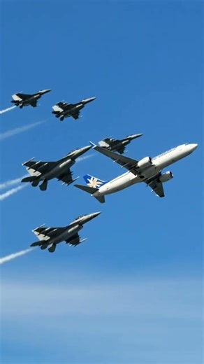 fighter jets flypast the Boeing 737