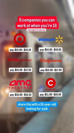 @breakroomhq_us on Instagram: "Share this with a 16-year-old looking for a job ‼️ Looking for a job but you’re only 16? Here are some companies that hire even if you are! Some of these might surprise you with the perks that come along with the job too 👀 💬 Which one are you applying to first? @target - guest advocate - $15.60 - $19.19/hour @walmart - personal shopper - $14.00 - $19.00/hour @cvshealth - store associate - $15.00 - $17.63/hour @walgreens - cashier - $15.00 - $17.50/hour @amctheatr
