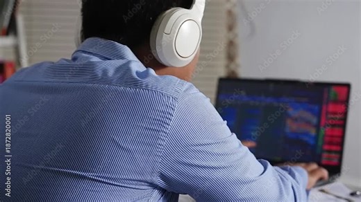 Financier frustrated financial loss looking stock market charts at multiple monitors closeup. Forex trader losing money on crypto exchange sitting office open space. Stressed investor analyzing graphs