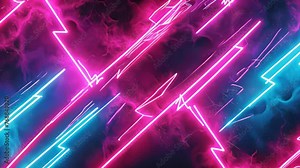 Neon-colored lightning bolts streak across a pink and blue gradient background. Zigzagging trails of light crisscross with wild abandon, creating an energetic and dynamic impression.