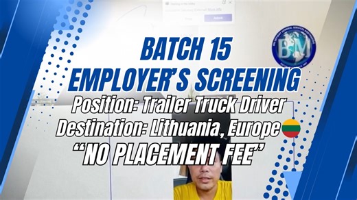 BATCH 15 Employer's Screening "NO PLACEMENT FEE" We are still hiring Trailer Truck Drivers Bound for Lithuania, Europe! 🇱🇹🇪🇺✈ Apply now via our online form: https://forms.gle/soPbE4JUqGdFtVyG7 Or send your updated RESUME to: applybmskyway@gmail.com Office Address: Suite 2114, Ground Floor, JEPCO Building, 2118 M.H. Del Pilar St., Malate, Manila Important Notes: • WEEKDAYS – No walk-ins, Drop box submission only (Mon–Fri) • SATURDAYS – Walk-ins are accepted • Applicants with videos/photos of 