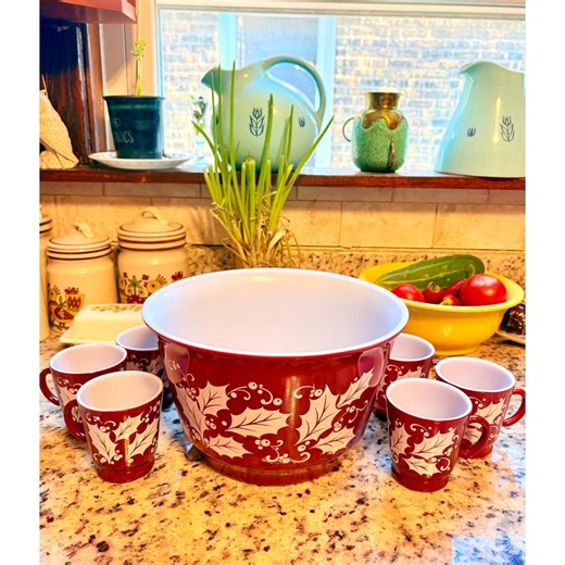 Vintage Hazel Atlas Holly Berry Punch Bowl Set • Mid Century Christmas Decor - Etsy