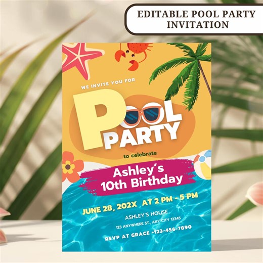 Pool Party Birthday Invitation Summer Pool Birthday Invite for Kids, Editable Swim Party Birthday Invitation Kids Birthday (canva Template) - Etsy