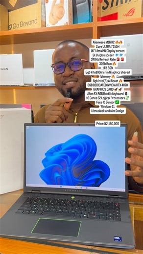 MOBLORDZ GADGETS on Instagram: "SOLD ❌ ❌ ❌ ❌ ❌ Alienware M16 R2 🔥🔥 Core ULTRA 7 155H 16" Ultra HD Display screen 2k Display screen 💎 💎 240Hz Refresh Rate 🚨 🚨 32Gb Ram 🔥 1TB SSD 8gb Intel(R)Arc Tm Graphics shared Memory 🔥 8gb Intel(R) AI Boost 🔥 8GB DEDICATED NVIDIA RTX 4070 GRAPHICS CARD 🚀 🚀 Alien FX RGB Backlit keyboard 🚦 16 Cores 22 Logical Processors 🧩 Face ID Sensor ✅ Windows 11 Ultra sleek and slim Design Price: N2,150,000 Nationwide Delivery option 🚛 Quality Assurance 💯 30 d