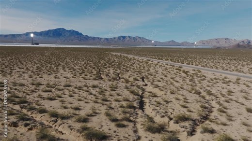 Low altitude aerial drone footage moving toward the Ivanpah Solar Power Facility in the Mojave Desert, highlighting solar towers and heliostat mirrors producing renewable solar energy.