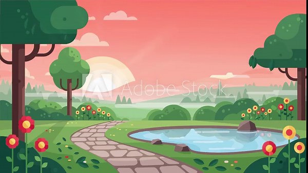 A vibrant cartoon landscape with a winding path, pond, trees, and flowers under a pink and orange sky with sun rays.