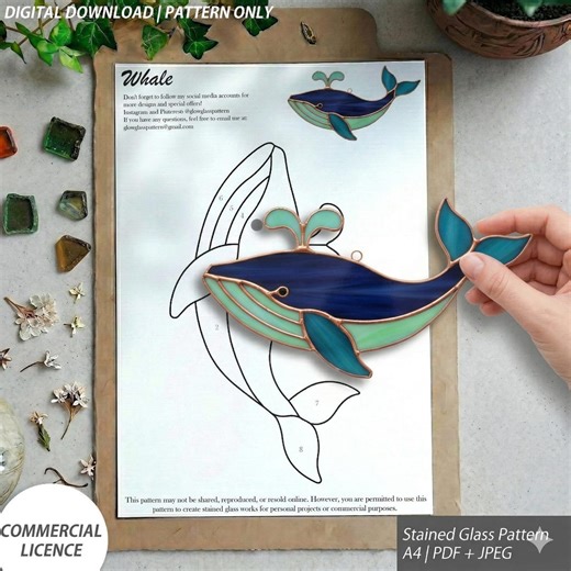 Whale Stained Glass Pattern, Whale Suncatcher Design, Ocean Animal Glass Template, Printable PDF JPG Digital Download - Etsy