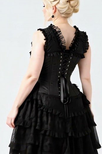 Black Gothic Corset Dress with Lace Ruffle High-Low Skirt | LUXE NOIR