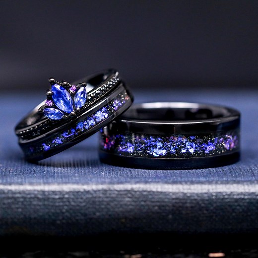 Blue Lotus Orion Nebula Wedding Ring Set, His and Hers Rings, Engagement Ring, Sapphire, Black Gold, Space Couple Ring, Ceramic & 925 Silver - Etsy