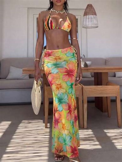 Lumalex Three‑Piece Tropical Bikini Set – Triangle Halter Bikini Top, Tie‑Side Bikini Bottom & Matching Maxi Sarong Cover‑Up Skirt, Vibrant Multicolor Floral Stripe Print, Adjustable Neck And Back Ties With Colorful Beaded Decor, Sliding Triangle Cups With Center Connector Detail, Low‑Rise String Bottom With Side Knot Accents, Lightweight Flowing Wrap Skirt With Side Tie Closure, Smooth Stretch Fabric, Resort, Beach & Vacation Swimwear Ensemble, Spring Break Outfits, Cruise Outfits, Summer Holid