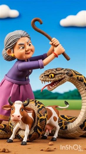 A python snake wrapped around a cow, but the grandmother rescued it.🌞🥰