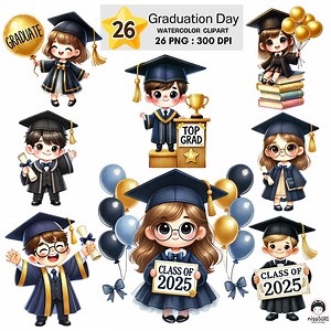 Graduation Day Clipart Bundle | 26 Watercolor Pngs of Cute Students With Cap Gown Diploma Balloons and Class of 2025 Signs - Etsy