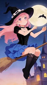 満月の夜、魔法のブラシで空を駆ける🎃✨#イラスト #魔女 #ハロウィン #満月 #ファンタジー #アニメイラスト #かわいい #魔法 #イラスト好きな人と繋がりたい #ハロウィンパーティー