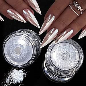 2Pcs White Pearl Chrome Nail Powder Super Glossy Metallic Mirror Effect, White Moonlight Unicorn Chrome Powder for Nails, Mermaid Glitter Pigment Powders for Gel Nail Polish Design 0.5g/Jar