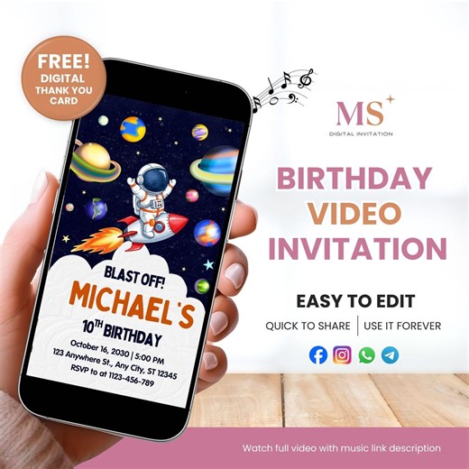 Space Birthday Party Video Invitation, Astronaut Outer Space Theme Invitation, Galaxy Invitation, Editable Space Birthday Invitation - Etsy