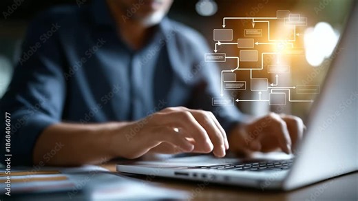 Workflow automation business process mapping concept faceless businessman using laptop defocused flowchart interface background representing automated planning flow system