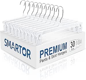 Smartor Skirt Hangers|Pants Hangers with Clips| 10 30 60 Pack Available | Space Saving| Durable| Upgraded Clips| Pants Hanger for Men| White Hanger Clips for Women Shorts, Jeans, Slacks - 30 Pack