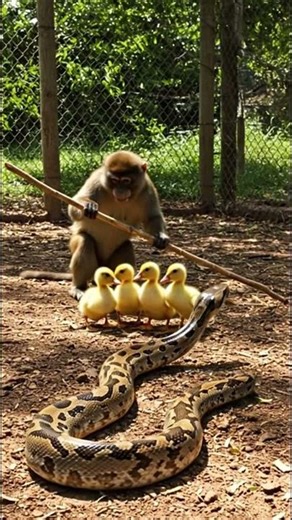 Monkey Hero Saves Duckling from Giant Python Attack!