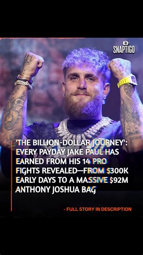 SnapTigo on Instagram: "HOW MUCH JAKE PAUL HAS MADE FROM EACH OF HIS PROFESSIONAL BOXING BOUTS As Jake Paul prepares for the biggest night of his life against Anthony Joshua (AJ) on Netflix, his bank account is seeing a historic boost. Paul, who recently claimed he has "averaged $40 million a year" for the past four years in boxing, has seen his purse sizes skyrocket since his 2020 debut. The Career Payday Breakdown: - The Early Days (2020): In his debut against AnEsonGib and his viral knockout
