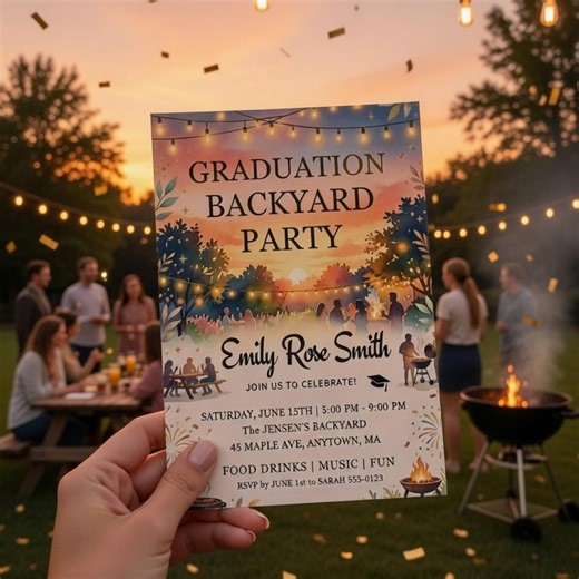 Graduation Backyard Party Invitation Template Sunset String Lights Outdoor Casual Canva Editable 5x7 Graduation Party Instant Download - Etsy