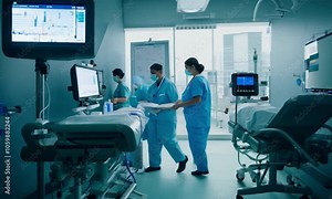 Modern Healthcare Team in High-Tech Hospital Room: Professional Medical Staff in Action Stock Video