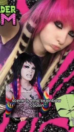 The youth are always innovating interesting subcultures 👏. Video Description: Taipei is a drag queen wearing dramatic scene inspired makeup and up black/hot pink scene hair. She wears various black and rainbow maximalist accessories, and stands in front of a purple background. She describes a brief history of the scene subculture from the 2000s to 2010s, providing screen grabs of various scene queens to illustrate her talking points. #scene #2000snostalgia #myspace | Taipeiqueen