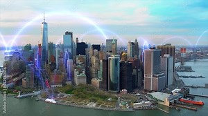 Smart and futuristic metropolis at dusk. Blue holographic lines connecting Manhattan. Arch network animation. Shot in 8K. Famous skyscrapers in downtown. Stock Video