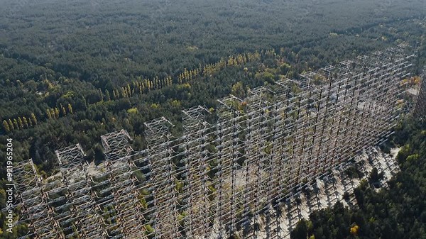 Aerial Drone view of Duga horizon radar system in Chernobyl. Woodpecker Duga 2 drone flight in the exclusion zone of Chernobyl.
