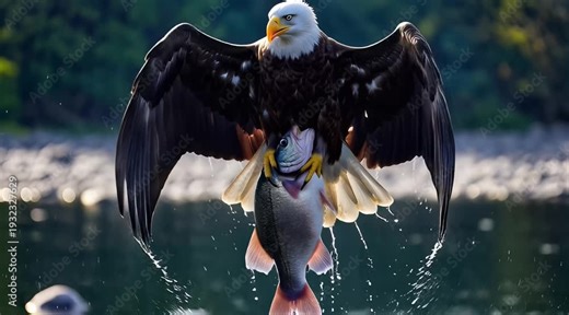 Majestic bald eagle swoops over the water with wings spread wide, preparing to dive for a fish.