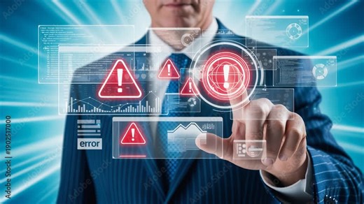 Developer hand touching virtual system error interface with red warning triangle icons, cyber security alert technology concept and digital technical failure risk.