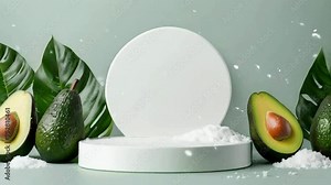Podium Display with Green Avocado for Fresh and Organic Product Promotion, Modern Product Showcase with Avocado for Wellness and Superfood Promotion, Avocado-Themed Product Display Stand for Natural