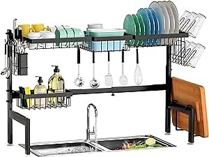 Over The Sink Dish Drying Rack,Expandable 2-Tier Stainless Steel Over The Sink Dish Rack with Utensil Holder Dish Drainers for Kitchen Counter