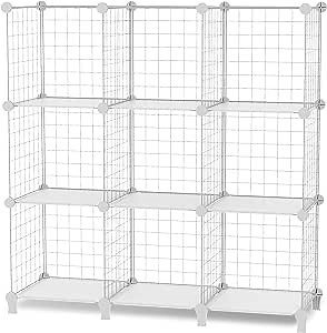 9 Cube Wire Storage Organizer,12"x12" Wire Cubby Storage Metal Grid Storage, Modular Bookshelf Shelves, DIY Storage Cube Shelf for Closet, Toys, Clothes, Tools-White