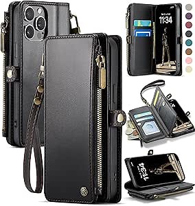 Defencase Compatible with iPhone 12/Pro Case Wallet with RFID Blocking Card Holder for Women Men, PU Leather Magnetic Snap Flip Zipper Strap Wallet Phone Case Fit for iPhone 12 & 12 Pro 6.1", Black