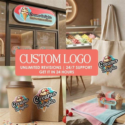 Custom Ice Cream Logo Design, Sweet Shop Branding, Dessert Parlor Logo, Premade Food Business Logo, Hand Drawn Ice Cream Cone Logo