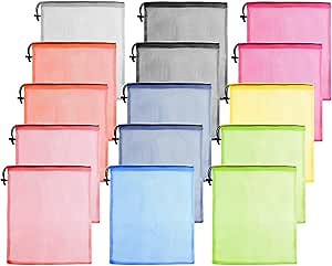 KUUQA 15 Pcs Mesh Drawstring Bags, Nylon Mesh Stuff Sacks for Storage, Travel, Sports (9 Colors)