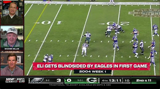 Eli Manning relives brutal blindside hit from Eagles in his NFL debut | 'ManningCast'