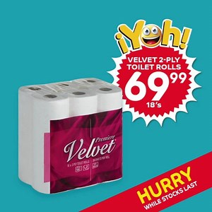 Get 18 rolls 2-PLY Velvet Toilet Paper for R69.99 Only available at PEP and PEPhome stores. Offer valid from 24 July - 3 August 2019, while stocks last! | PEP